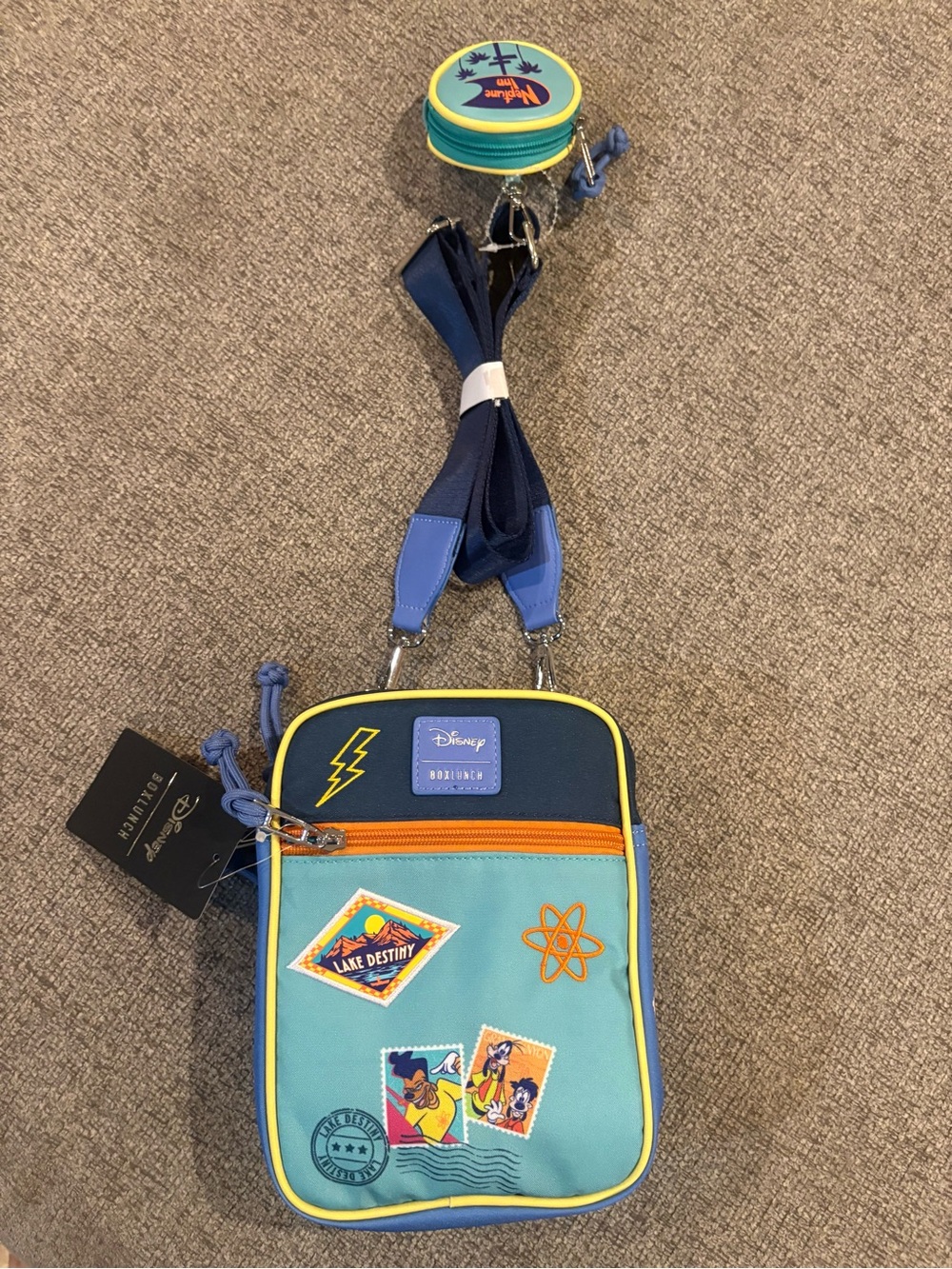Disney Kids Crossbody Bag in Light Blue, Navy and Yellow with Patches